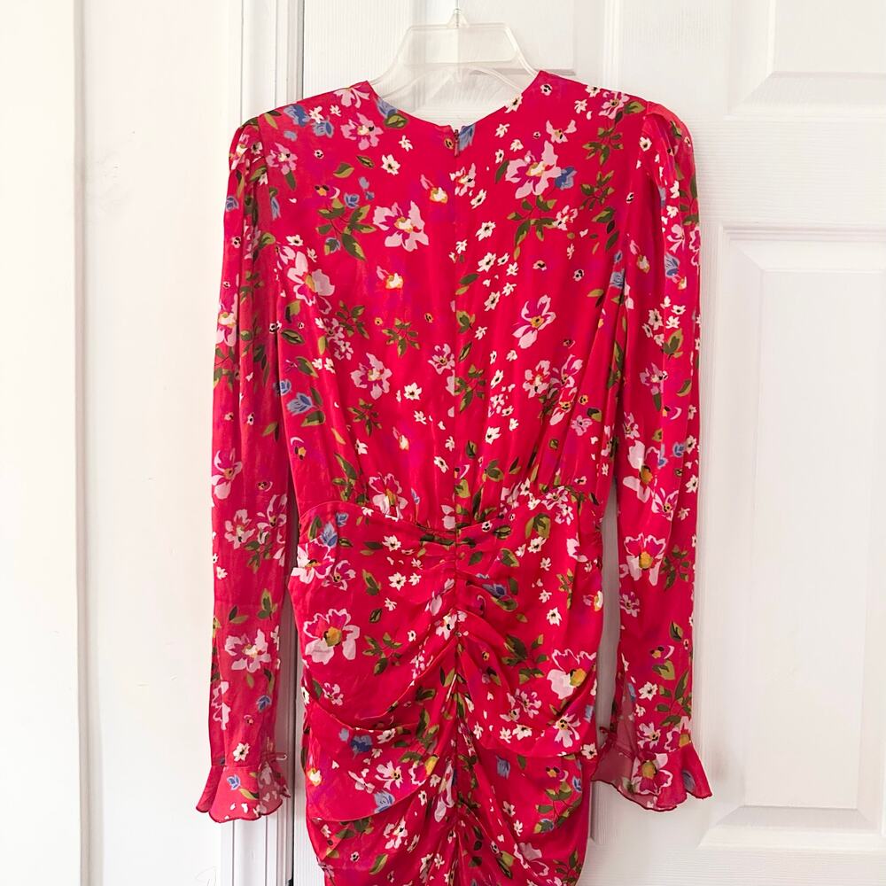 Sau Lee Red Floral Print Ruched Skirt Long Sleeve Fitted Sheath Mini Dress 2 - Picture 6 of 8